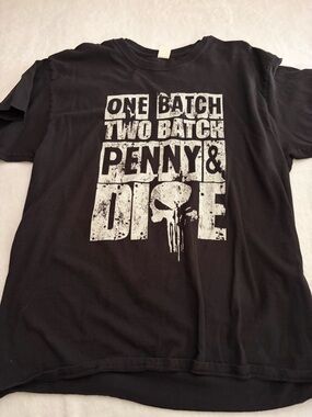 Black Graphic Tee with 'One Batch Two Batch Penny & Dime' Print